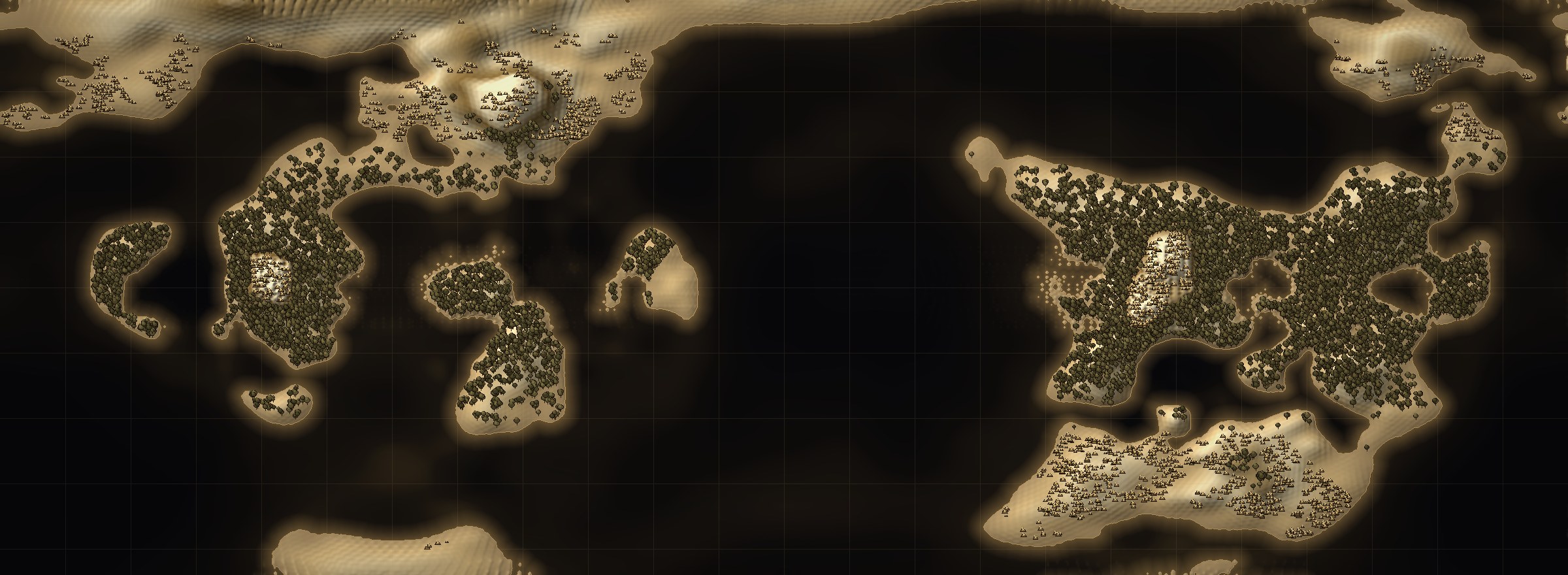 Mapa de Asteroth: os continentes da primeira seed oficial, com bosques, serras e campos de pedra